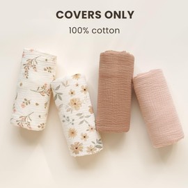 Konssy Muslin Baby Lounger Cover 2 Pack, 100% Cotton Newborn Lounger Cover, Soft and Breathable Lounger Slipcover for Boys Girls, Covers Only (Peach, Flowers)