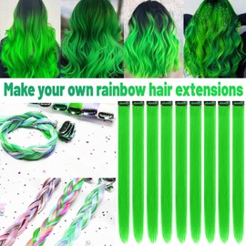 TOFAFA 22 inch Colored Hair Extensions Long Straight Hairpiece,Color Party Highlights Neon Green Clip in Synthetic Hair Extensions for Women Girls Cosplay Gift(10 PCS Green)