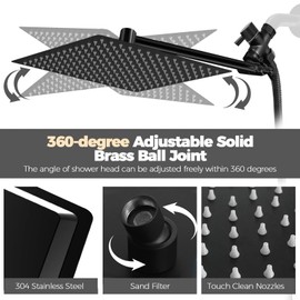 12 Inch Shower Head,High Pressure Rainfall Shower Head Combo with Handheld Spray- Adjustable 11" Extension Arm/Anti-Clog Nozzles,Matte Black