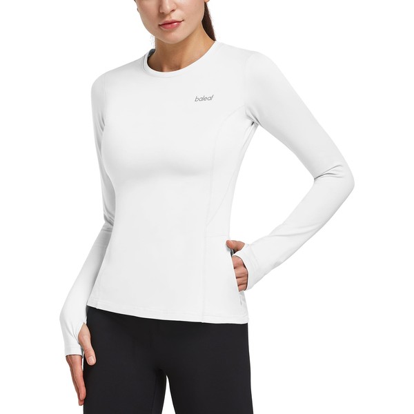 BALEAF Women's Thermal Shirts Long Sleeve Workout Tops Running Athletic Zipper Pocket Fleece Lined Cold Weather Gear Winter Thumbholes White L