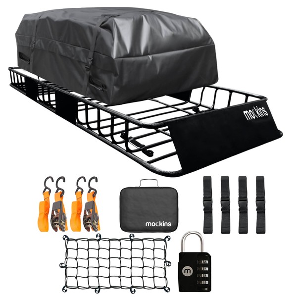 Mockins Anti Rust Roof Cargo Basket |64"x39"x6" Roof Rack Cargo Basket with 16 Cu Ft Waterproof Cargo Bag |250lb Roof Basket Cargo Carrier |Extendable Cargo Roof Rack Basket | Roof Rack Cargo Carrier