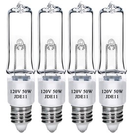 Lachesan JDE11 120V 50W T4 Mini Candelabra Base（Replacement E11 Led Bulb） 2700K Clear Dimmable JD E11 Halogen Light Bulbs for Chandeliers, Ceiling Fan, Table Lamps, Cabinet Lighting, 4 Pack