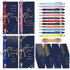 Qilery 24 Set Employee Appreciation Pens Gifts Black Ink Metal Inspirational Ballpoint Pen with Stylus Tip Colorful Motivational Pens with Thank You Note Cards Rope for Coworker Team Building Gifts