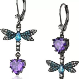 Betsey Johnson CZ & Butterfly Double Mismatch Drop Earrings Purple CZ Heart