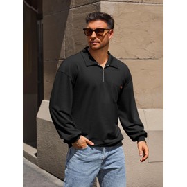 Yousify Mens Casual Quarter Zip Jackets Lightweight Cotton Loose Fit Pullvoer Stylish Fall Jacket with Pocket Black