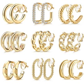 HPTKSI 9 pares de oro con Orejas Geométricos Dorados sin Perforación, Arete Cartílago para Mujeres, con Clip de Cartílago, Aretes de Joyería para Adolescentes y Adultos