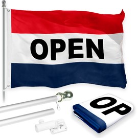 G128 Combo Pack: 5 Ft Aluminum Spinning Flagpole (Silver) & Open Flag 2x3 Ft, LiteWeave Pro Series Printed 150D Polyester | Pole with Flag Included