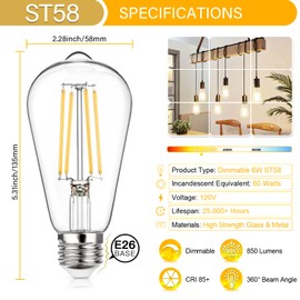 MAXvolador Vintage LED Edison Bulb Dimmable 60W Equivalent 850 Lumens, 6W Edison Light Bulbs 3000K, Antique ST58 LED Filament Bulb E26 Base, Pack of 4