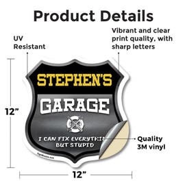 Stephen's Garage I Can Fix Everything But Stupid 12 inch X 12 inch Shield Shaped Heavy Duty 3.2 mil Vinyl Decal To last, Gift for Dads and Uncles Classic Americana Crafted in the USA