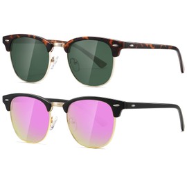 AEVOGUE Polarized Sunglasses For Women And Men Semi Rimless Frame Retro Sun Glasses AE0369 (Matte Tortoiseshell Green Lens&Matte Black Pink Mirror)