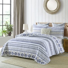 Y-PLWOMEN King Quilt, 100% Cotton Boho Quilt King Size, White Navy Striped King Size Bedspread for All Season, 3-Pieces