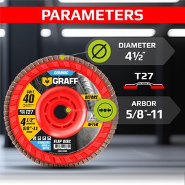 Ceramic Flap Discs 4 1/2 for Angle Grinder - 40 Grit Flap Wheels for Stainless Steel and Sheet Metal - Grinder Sanding Disc 5/8 Arbor (5 Pack) GRAFF