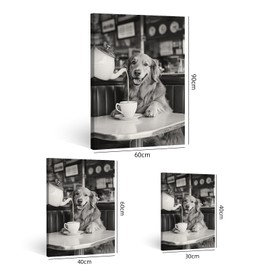 Golden Retriever Drinking Coffee Dogs Print Black And White Vintage Photography Funny Kitchen Wall Art Dining Room Decor Coffee Shop Room Decor Aesthetics 12X16 in Wrapped Framed