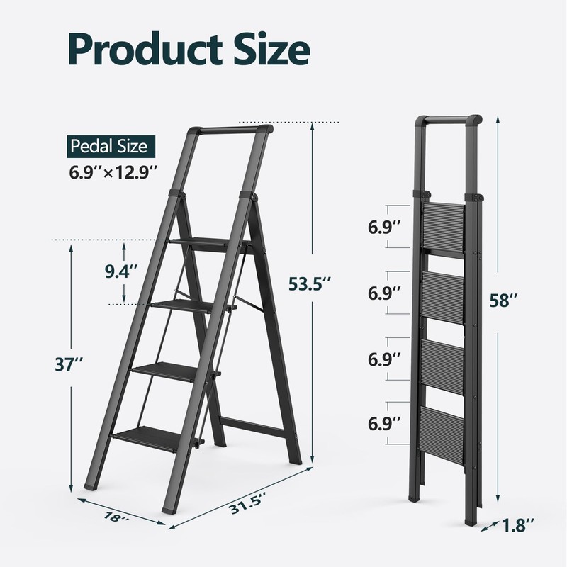 WOA WOA 4 Step Ladder, Ladders for Home, Anti-Slip Aluminum
