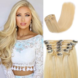 Extensiones Clip-In 50 cm (20") 10 Piezas 100g Cabello Humano Liso 100% Remy Rubio Platino | Doble Trama para Máxima Densidad y Sin Caída | Fácil Aplicación, Look Largo para Mujeres