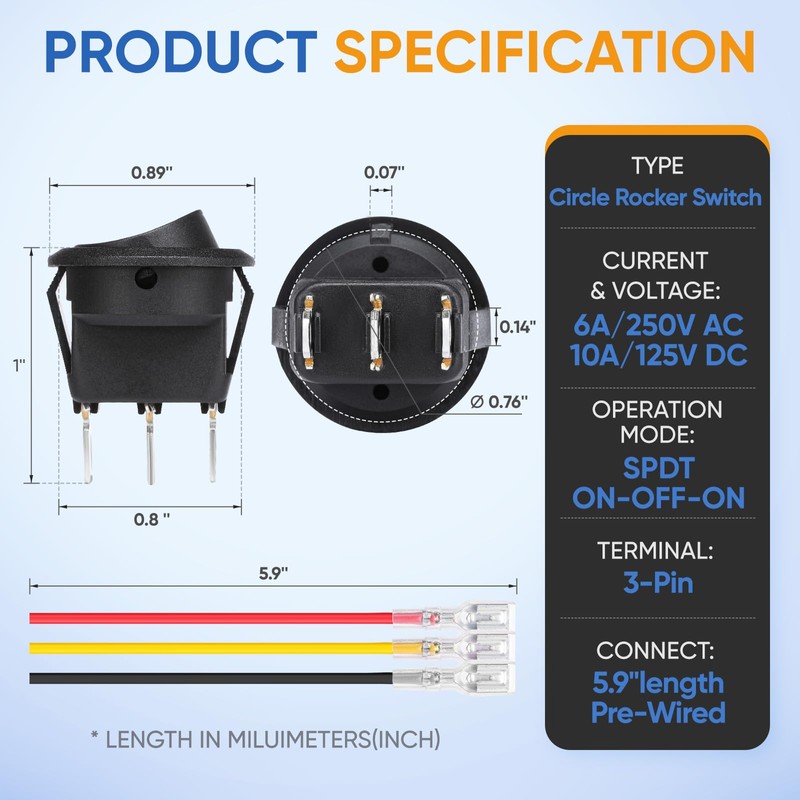 XINYIELE 12 Volt 3 Way Round Rocker Switch,3 Position ON/Off/ON