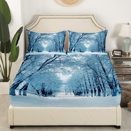Erosebridal Winter Fitted Sheet Full, Blue Snow Snowstorm Bed Sheets, Park Winter Landscape Scene Sheets, Snowy Woodland Trees Bedroom Decor Bed Set with Deep Pocket