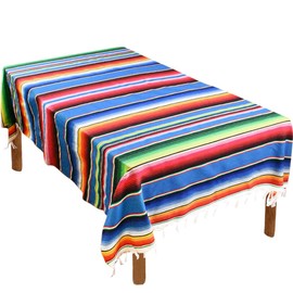 Hxezoc 59 x 84 Inch Mexican Blanket Striped Tablecloth Large Square Fringe Cotton Mexican Serape Tablecloth for Mexican Party Wedding Decorations Outdoor Table Cover (Blue)