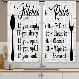 Famiffty Kitchen Rules Curtains 27.5W X 39L Inch 2 Panels Rod Pocket Rustic Farmhouse Funny Vintage Modern Small Short Cafe Curtains Wood Inspirational Window Drapes Treatment Bathroom Home Decor