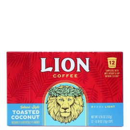 Lion Coffee Toasted Coconut Flavored Medium Roast Coffee Pods - Single-Serve Pods - Hawaiian Inspired Flavor - Arabica Coffee - Compatible with Single-Serve Brewing Systems - 12 Count Box
