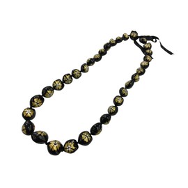 DK Hawaiian Collections Style Kukui Nut Lei Hibiscus Flower Hand Painted 33 Nuts Necklace (Gold)