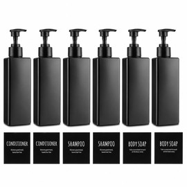 YAYODS Pack of 6 Soap Dispensers Black Bathroom - Pump Bottle 500 ml Refillable - Shampoo Bottles for Filling - Dispenser Bottle Plastic Square with Labels for Body Soap, Shampoo, Lotion