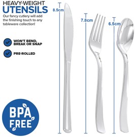 Joyido 100Guests Pre Rolled Silver Plastic Silverware Sets - Heavy Duty Silver Cutlery - Include 100 Pack Wrapped Disposable Utensils with Napkins for Parties & Dinners & Weddings