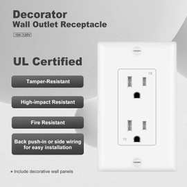 Micmi 15A Decorator Receptacle Outlet, Tamper Resistant, Decorative Electrical Receptacle, 15Amp 125 Volt, Grounding with Wall Plate UL Listed (10Pack, Snow White)