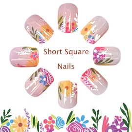 Summer Press on Nails | Short Square Fake Nails,Colorful Flower Acrylic Nails,Full Cover Glossy False Nails,Reusable Stick on Nails for Women Girls,Spring Summer Nail Art Decoration 24Pcs