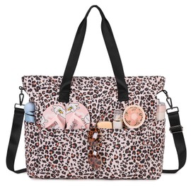 PIG PIG GIRL Beach Bags for Women, Waterproof Sandproof Swim Pool Bag with Dry Wet Seperated Pocket Lightweight Travel Tote Bag for Girls with Utility Slots, Leopard