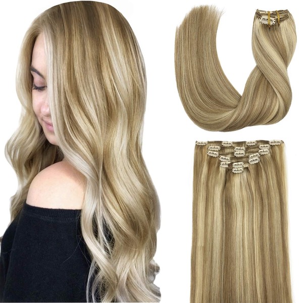 GOO GOO Ombre Blonde Hair Extensions 14 Inch 120g Light Blonde Highlighted Golden Blonde 7pcs Clip in Hair Extensions Skin Weft Straight Remy Human Hair Extensions for Women