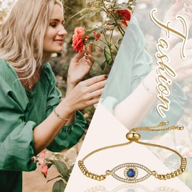 Flongo Gold Evil Eye Bracelet: Women's Delicate Evil Eye Amulet Bracelet Gold Beads Bangle Adjustable Stackable 14k Gold Plated Gift for Women Girls Christmas Mother Daughter