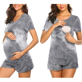 Ekouaer Maternity Pajamas Nursing Pjs for Breastfeeding Sleepwear Postpartum Loungewear Maternity Clothes Tie Dye Gray S