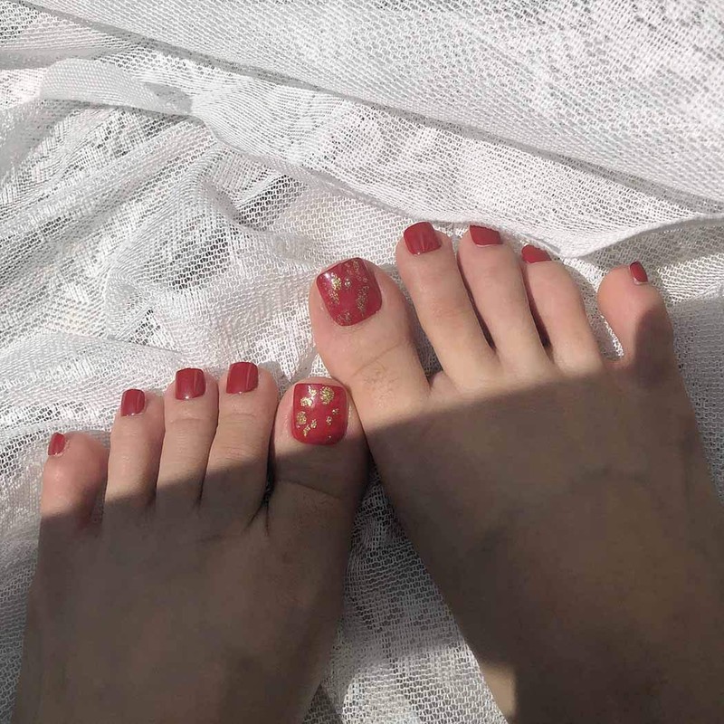Sakytal Esmalte de uñas falsas con purpurina, color rojo, con