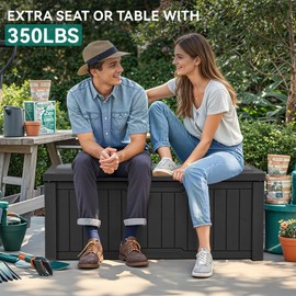 YITAHOME Outdoor Storage Box with Cushion, 120 Gallon Waterproof Deck Box for Garden Tools, Patio Cushions, and Pool Accessories, Lockable, Easy Assembly, Versatile Bench or Table (Black)