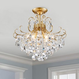 peskoe Gold Crystal Chandelier Ceiling Light, Luxury Crystal Semi Flush Mount Ceiling Lighting Fixture for Dining Room Bedroom Hallway Bar Kitchen, H 17.7'' x W 18.1''