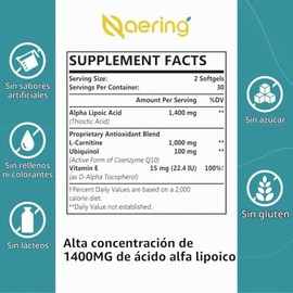 Cápsulas blandas de ácido alfa liposomal de 1400 mg, suplemento ALA con L-carnitina 1000 mg, ubiquinol (CoQ10 activa) 100 mg y vitamina E 10 mg, ácido