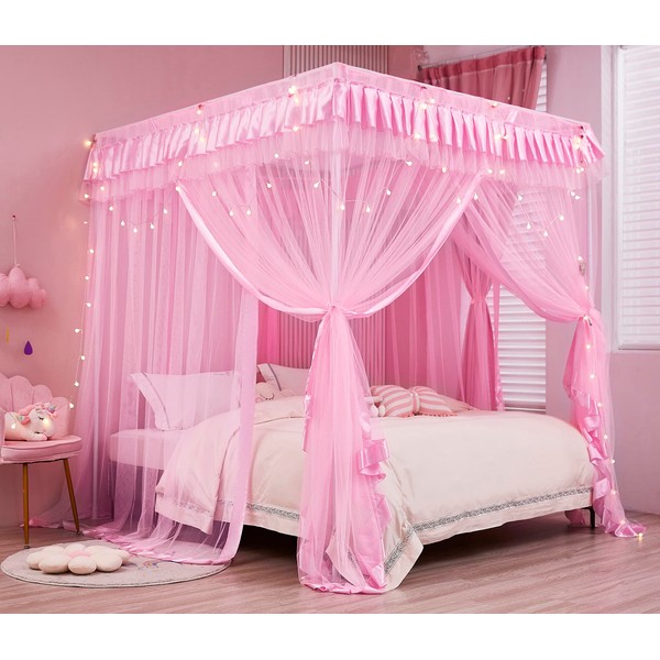 Rosa princesa 4 esquinas Post cama cortina dosel mosquitero, Rosado, Queen