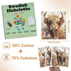 Deorfuy Highland Cow Swedish Dishcloths for Kitchen 6PCS Floral Highland Cow Swedish Cloths for Washing Dishes Reusable Flower Animals Themed Washable Cotton Kitchen Towels for Home Supplies