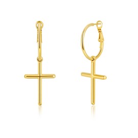 Lantine Gold Detachable Cross Dangle Earrings for Women Men Removable Pendant Hoop Earring Gold Stainless Steel Minimalist Punk Drop Earring