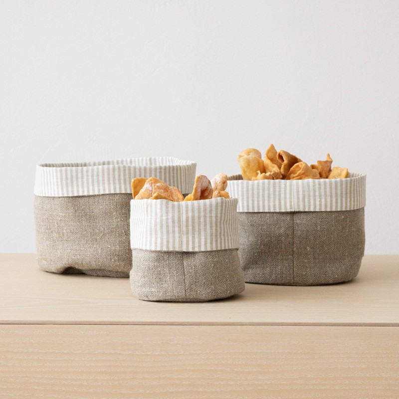 LinenMe Beige Natural Striped Linen Cotton Basket Jazz, MEDIUM (20