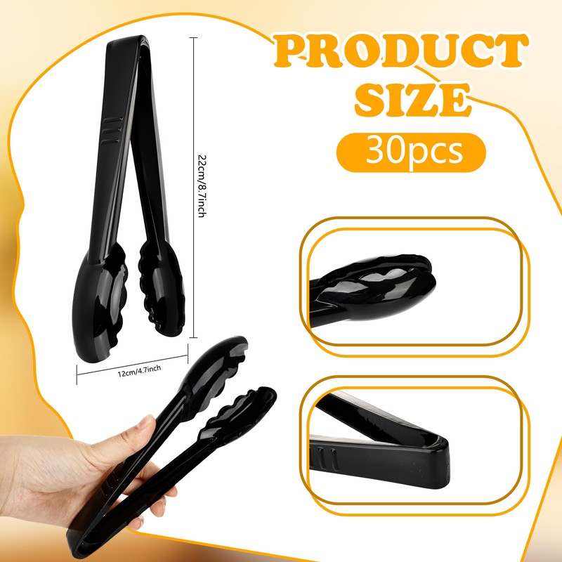 30 Pack 9 Inch Black Plastic Serving Tongs Durable Disposable