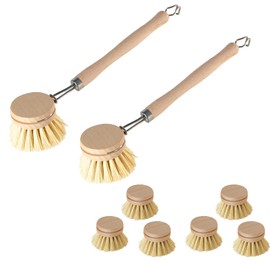 Esmula Set of 2 Wooden Washing Up Brushes + 6 Replacement Heads, Sustainable Washing Up Brushes Wood with 6 x Replacement Heads, Washing Up Brush, Dish Brush, Kitchen Brush, Kitchen Brush