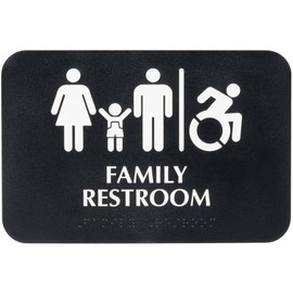 Family / Handicap Accessible Restroom Sign with Braille, Toilet Door Plate for Business Restaurant - Black and White, 9" x 6"