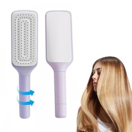 Premium Self-Cleaning Hair Brush with Rotating Head, 2-in-1 Detangling Paddle Brush and Mirror, Purple