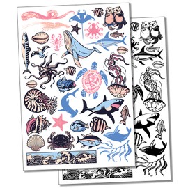 Fish Whales Ocean Sea Marine Life Temporary Tattoo Water Resistant Fake Body Art Set Collection - Black (One Sheet)