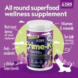 A-OK9 Prime-K9 Wellness Supplement for Dogs - Pot of 120g Powder - Promotes All-Round Wellbeing & Condition - Natural Ingredients - Vitamins for Dogs - All Ages & Breeds