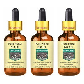 Devprayag Pure Kukui Nut Oil (Aleurites moluccanus) with Glass Dropper Natural Therapeutic Grade Cold Pressed (Pack of Three) 100ml x 3 (10 oz)