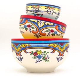 Euro Ceramica Zanzibar Collection Vibrant Ceramic Mixing Bowls, 3 Piece Set, Spanish Floral Design, Assorted Sizes, Multicolor