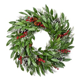 Fraser Hill Farm Green Mixed Leaf Wreath with Red Berries and Pinecones, 25 Inch Diameter | Perfect Christmas Decoration for Walls, Front Doors, and Fireplace Mantles | FF003CHWR-025-0GR